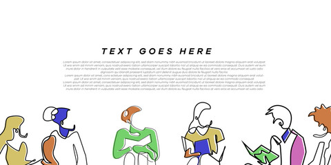 Fototapeta premium Educational background. Line art drawing of multiracial students sitting and studying together. Suitable for education day, and university themes.