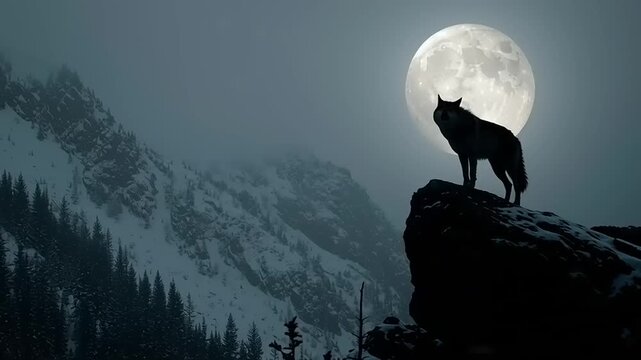 Lone wolf stands guard on mountain peak under full moon in snowy landscape