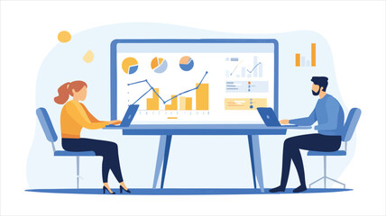 Two colleagues collaborating on data analysis with interactive dashboards