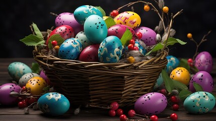 Vibrant Easter eggs in a wicker basket with colorful berries and leaves on a wooden table