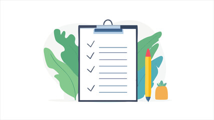 Checklist with pen, clipboard, and greenery