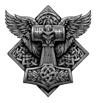 Detailed black and white illustration of Thor&rsquo;s hammer Mj&ouml;lnir in Norse style, featuring intricate Viking knotwork and symbolic ornamentation. Ideal for tattoos, logos, or apparel designs.