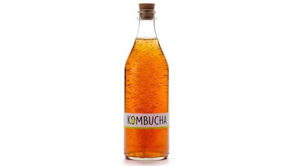 Bottle of effervescent kombucha drink isolated on a white background