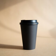 Modern black disposable coffee cup on beige background with shadows
