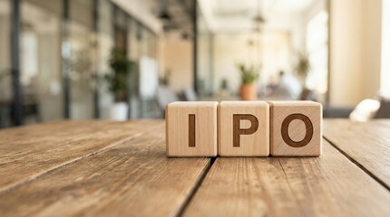 Wooden blocks spelling IPO on a rustic wooden table in a modern office environment, symbolizing investment opportunities and stock market activities
