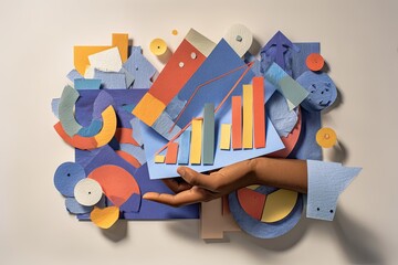 Papercraft graph, charts, and shapes displayed by a hand