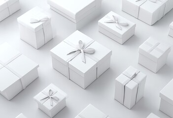 Elegant white gift boxes with satin ribbons arranged uniformly on a white surface