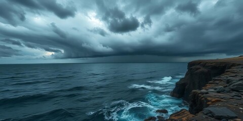 Dark stormy sea with ominous clouds, rocky cliff edge, ocean,  waves