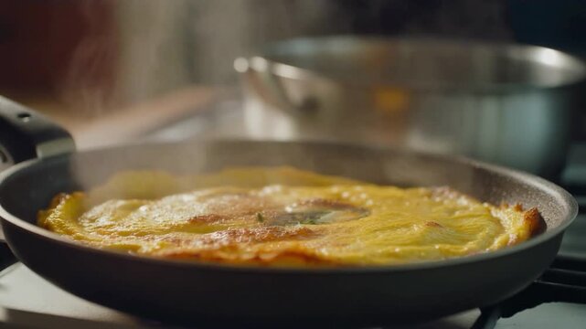 Close-up cinematic shot of an omelet sizzling on a non-stick pan, golden edges crisping with steam rising, 4k.