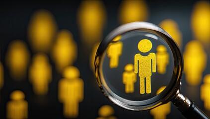 Magnifying glass examines a golden person icon in a crowd of silhouettes