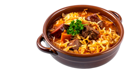 A hearty stew with meat, cabbage, carrots, and herbs, served in a ceramic bowl