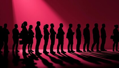 Silhouettes of figures queuing in a single line, patience, stand