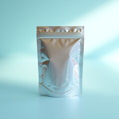 Modern silver stand up pouch for packaging on light blue background