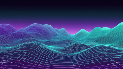 Wireframe landscape with glowing neon grid under purple sky