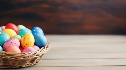 Vibrant Easter eggs in a wicker basket on a rustic wooden table