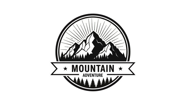 Vintage Mountain Adventure Emblem with Sunburst and Forest.