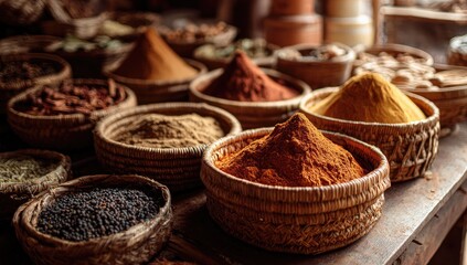 Colorful spice mounds in woven bowls on a rustic surface