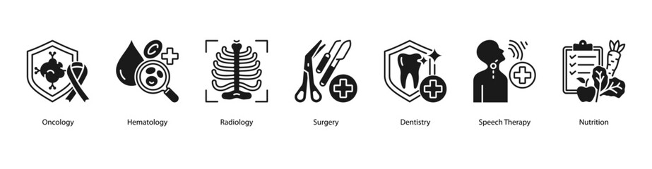 Clinical Treatment and Diagnosis web banner illustration featuring Oncology, Hematology, Radiology, Surgery, Dentistry, Speech Therapy, and Nutrition.