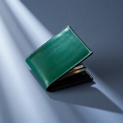 Elegant green leather wallet with gold stitching on modern surface