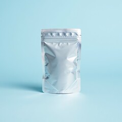 Blank silver foil stand-up pouch on light blue background for packaging