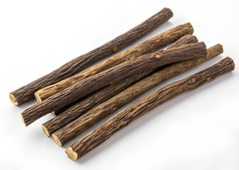 Dried Licorice Root Sticks on white background