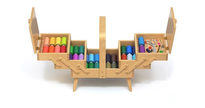Opening of wooden expandable sewing box with the legs - 3D animation seamlessly loopable
