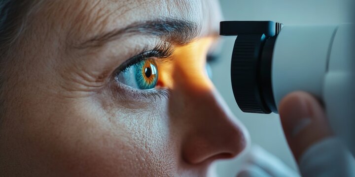 Close-up of eye examination with ophthalmoscope equipment.