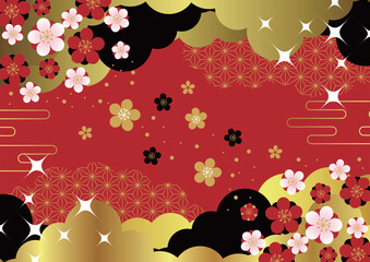 赤地に雲と花和背景、超シンプル、かわいい、イラスト、横