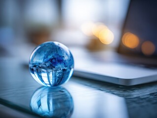 Small glass globe with detailed continents sits on a reflective surface
