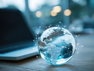 Glowing globe with network connections superimposed over a laptop keyboard