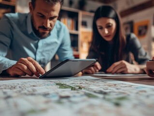 A man and woman collaborating on work related to maps using a tablet computer.