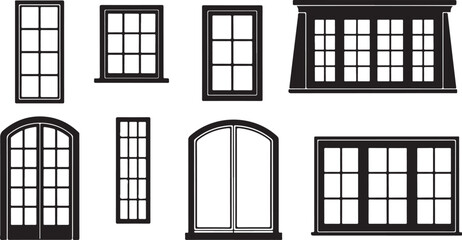 Collection of Black Silhouettes of Various Windows and Doors