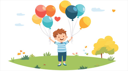 A child joyfully holding colorful balloons in a park setting