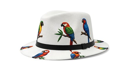 White Hat with Colorful Parrot Design.