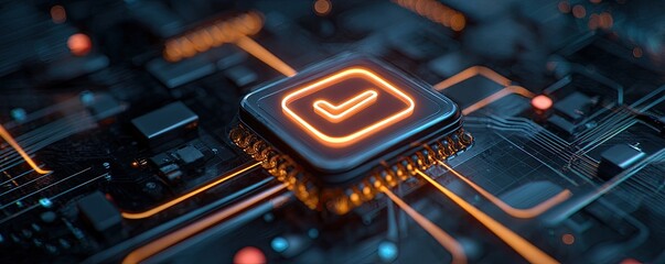 Futuristic microchip with glowing checkmark symbol and orange circuits