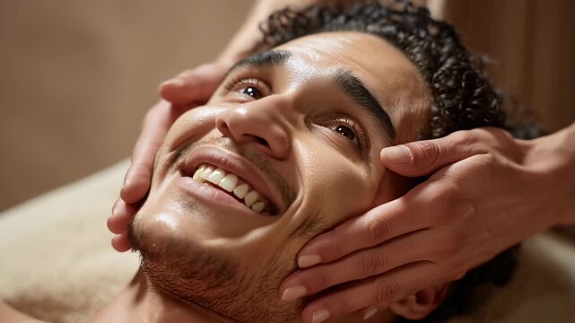 In a peaceful spa environment, a young man lies back as skilled hands provide a gentle facial massage. The serene atmosphere invites relaxation and rejuvenation, creating a moment of pure bliss