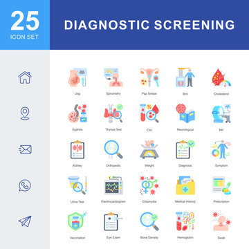 A Diagnostic Screening icon set featuring ultrasound, MRI, blood tests, pap smear, spirometry, urine test, vaccination, medical history, and clinical evaluations for accurate health assessment.