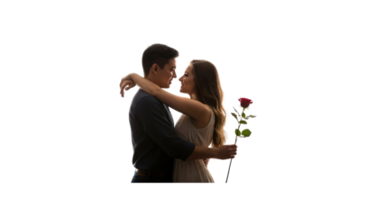 Romantic couple hugging with a rose