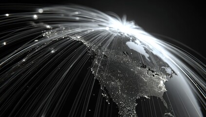 Futuristic glowing network connecting cities across a dark Earth