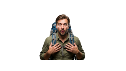 Surprised hiker with backpack in the dark