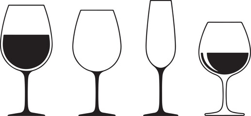 Four Different Types of Drinkware Silhouettes with Liquid Keywords: wine glass, champagne flute © Sanjida