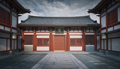 Fototapeta premium A grand traditional East Asian temple or palace building with a dark tiled roof and red and white walls, set in a stone courtyard under a dramatic cloudy sky.