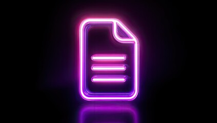 A glowing neon document icon illuminates a dark, reflective surface