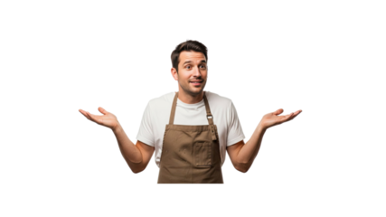 Man in apron shrugging shoulders