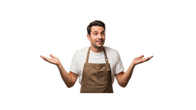 Man in apron shrugging shoulders