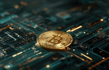 Golden cryptocurrency coin rests on a glowing digital circuit board