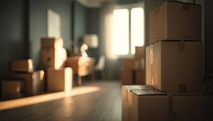 Fototapeta premium Stacks of cardboard boxes in a sunlit room, ready for relocation