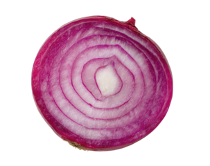 Close-up studio shot of a red onion half, showing its concentric layers and vibrant purple hues