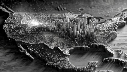 Textured 3D map of a continent with illuminated cityscapes