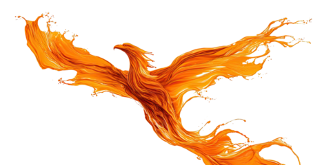 A fiery, phoenix-like creature, rendered in fluid strokes of orange and amber, against a black background
